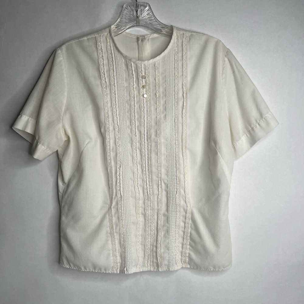 Vintage Women's Blouse Size S Ivory Short Sleeve Pleated‎ Front Short Sleeve